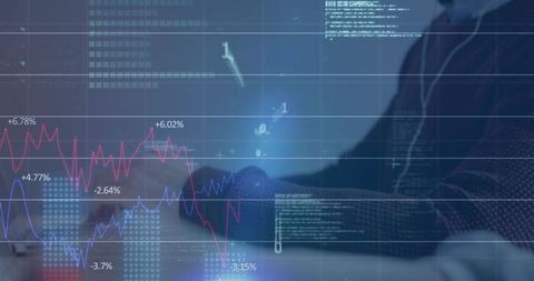 Businessman typing with financial data overlays, stock charts and analytics dashboard, office