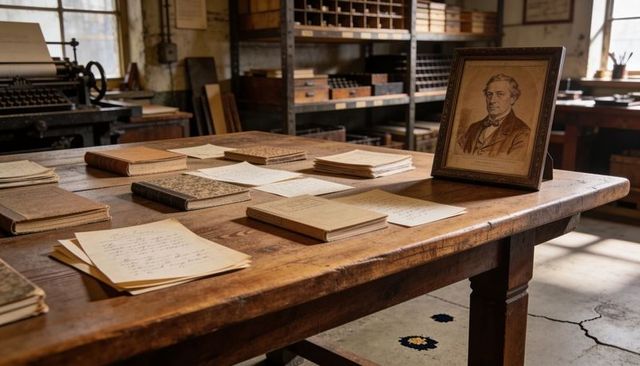 Vintage bindery worktable with handwritten ledgers, notebooks and framed sepia portrait
