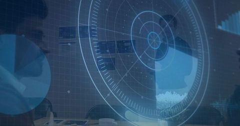 Projecting circular hud overlay transforming meeting into futuristic data collaboration