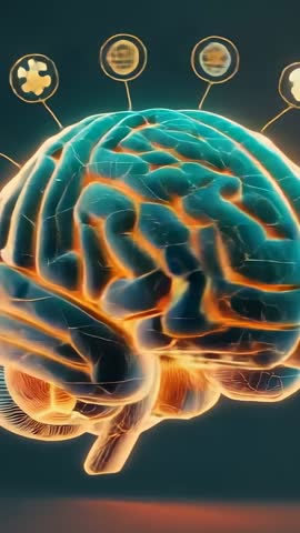 Vertical neon brain rotating, revealing glowing lightbulb icon for neural network innovation