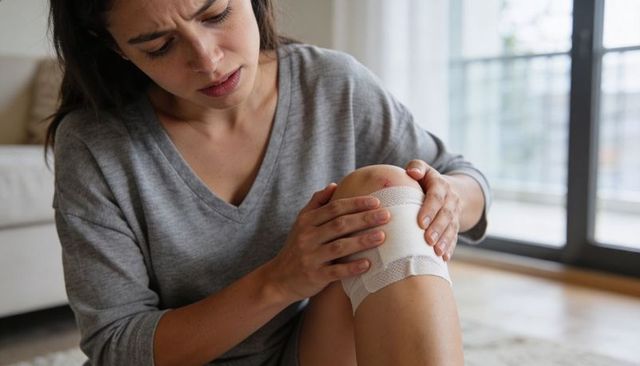 Woman inspecting bandaged knee at home, holding knee in pain while applying dressing care