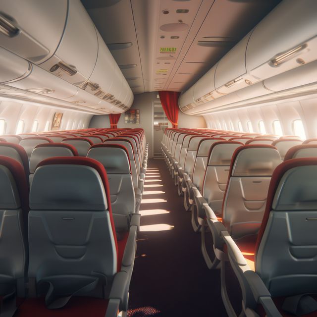 This image captures an empty airplane cabin with neat rows of seats illuminated by sunlight. It is ideal for use in travel-related content, airline advertising, articles about air travel, or presentations focusing on aviation.