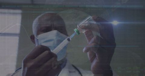 African American Doctor with Vaccine and Data Overlay Analysis