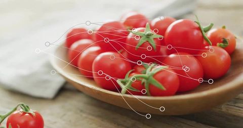 Fresh Cherry Tomatoes in Wooden Bowl with Data Overlay