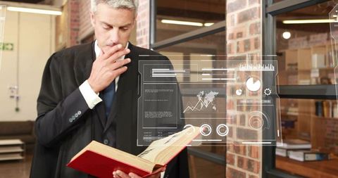 Corporate lawyer reading law book with augmented reality hud overlay in modern law library