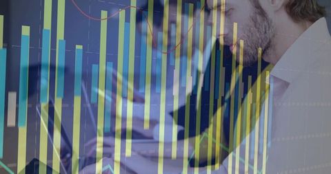 Business team analyzing digital analytics dashboard overlay showing bar and line charts