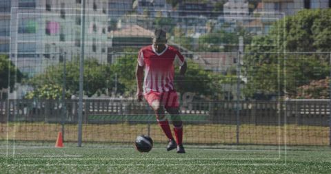 Footballer Training with Virtual Technology Overlay on Lawfield