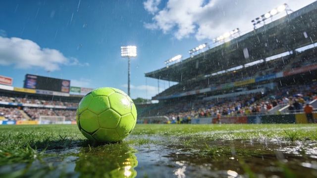 Neon green soccer ball resting on rain-soaked turf in stadium with floodlights and puddles