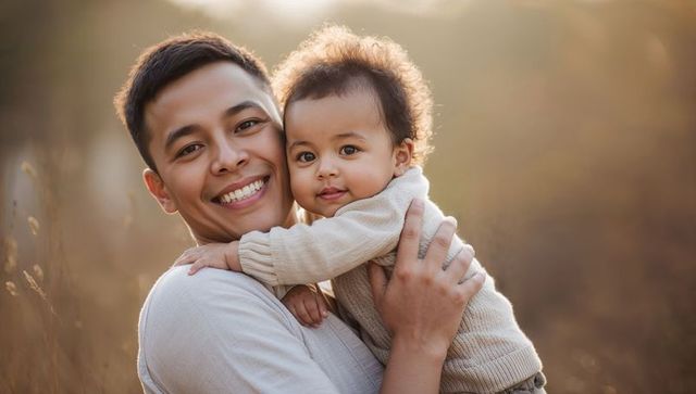 Smiling father holding infant during golden hour in sunlit meadow, backlit warm bonding