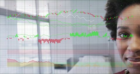 Woman tracking financial charts through office window with candlestick and histogram overlay