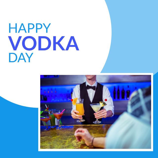 Image of happy vodka day over midsection of caucasian barman with drinks. Alcohol, beverage, bar and party concept.
