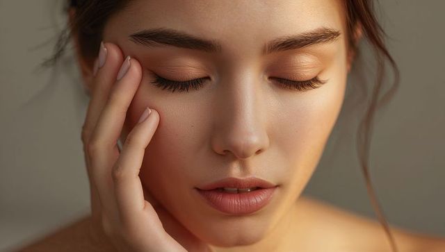 Serene closeup of woman with natural makeup, flawless skin and elegant lashes, warm light