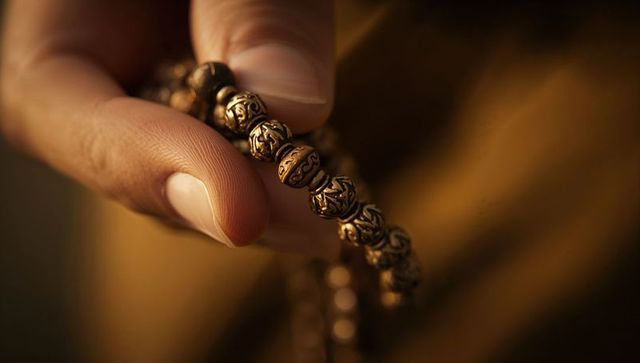 Holding ornate carved brass prayer beads closeup with warm amber patina and fingertips