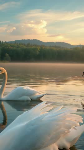 Gliding mute swan turning neck while paddling on misty lake at golden hour vertical video