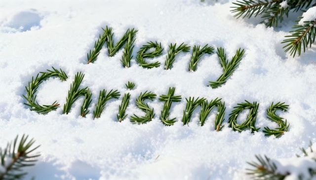 Spelling Merry Christmas with pine needle lettering on pristine snow for holiday greeting