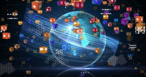 Digital interface with media icons overlapping earth