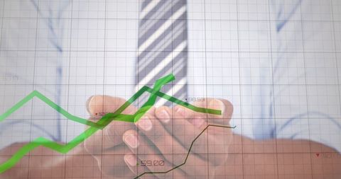 Business Professional Presenting Growth with Green Line Chart Overlay