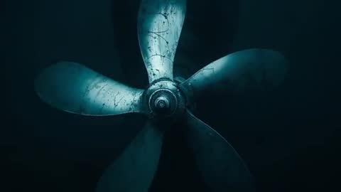 Rotating Five-Blade Marine Propeller Revealing Corroded Hub in Dark Submerged Hull Close-Up