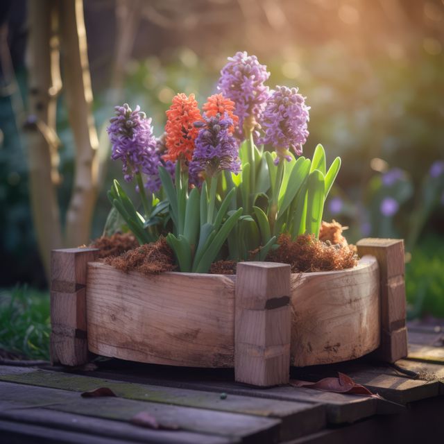 Vibrant hyacinths blooming in a rustic wooden planter in backyard garden. Ideal for use in gardening blogs, nature-inspired photography, spring season promotions, DIY garden project guides, and floral arrangement showcases.