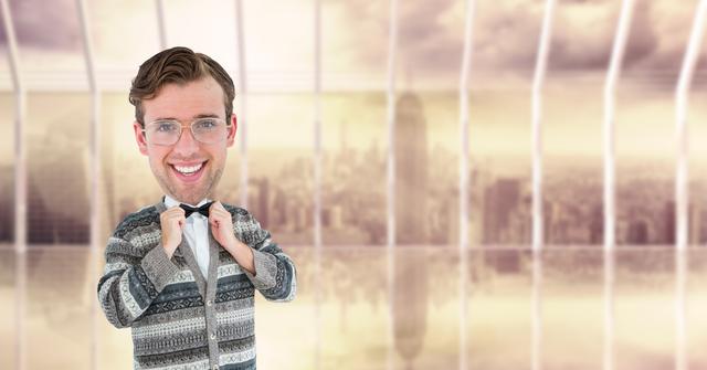 This image depicts a young, nerdy businessman with glasses adjusting his bow tie in a modern office setting. The background features large windows with a blurred cityscape. Ideal for use in business-related content, advertising quirky professional services, or any project focused on the stereotypical nerd in a professional environment.