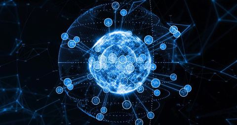 Neon blue digital globe pulsing with network nodes and app icons for global data flow