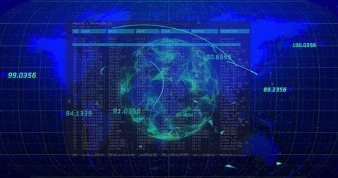 Futuristic digital landscape with rotating neon globe