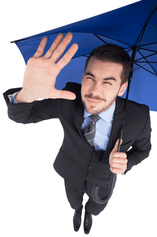 Businessman Holding Blue Umbrella in Sunlight Transparent Background