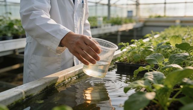 Greenhouse technician pouring nutrient solution into hydroponic trough for propagation