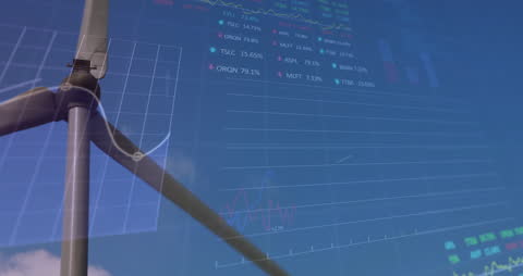 Wind Turbine with Financial Data Graphs Overlay