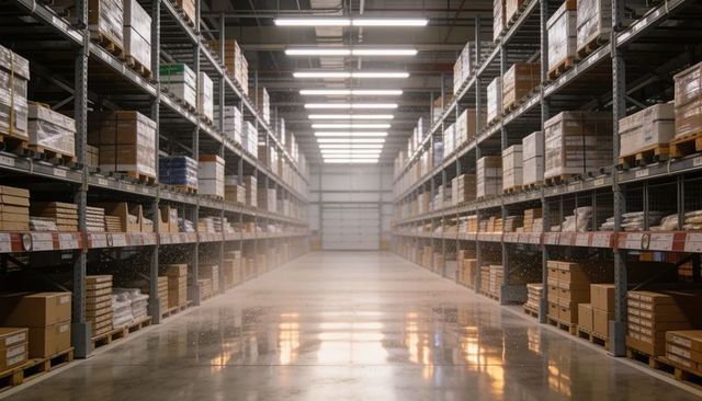 Stretching central warehouse aisle with high pallet racking, stacked boxes and reflective floor