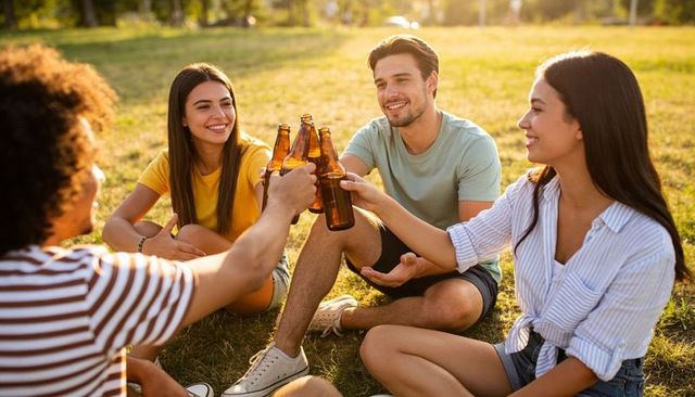 Friends clinking beer bottles on sunlit park lawn at golden hour, casual summer gathering