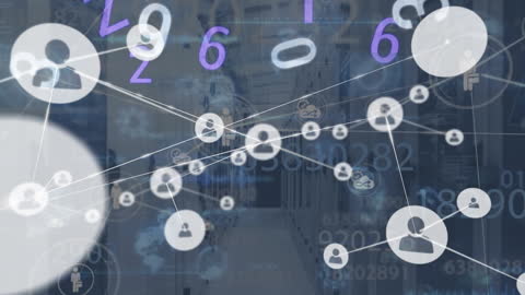 Digital Networking Interface with Data and Icons in Server Room