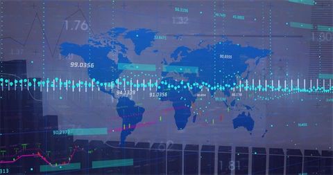 Global financial dashboard featuring world map analytics, candlestick charts and cyan waveform
