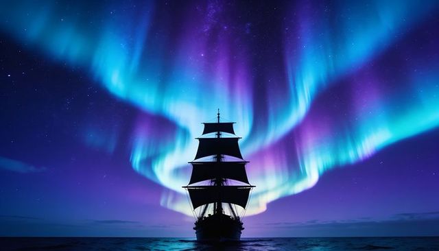 Three-masted tall ship with full sails silhouetted under vivid northern lights over dark arctic sea