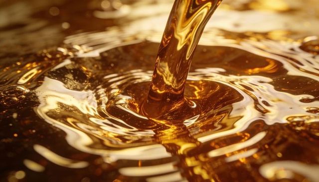 Pouring amber syrup creating glossy concentric ripples macro closeup with reflections