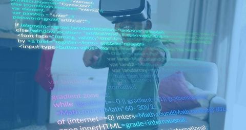 Child exploring virtual reality with code overlay in living room for stem learning