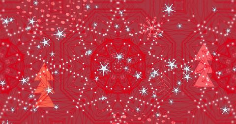 Festive snowfall over large snowflake on red background