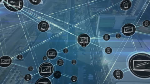 Digital Network Overlay on Aerial Cityscape with Technology Icons