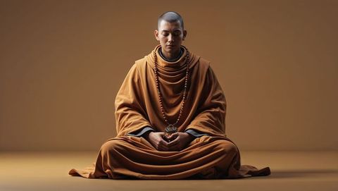 Serene meditation of buddhist monk in spiritual saffron robes