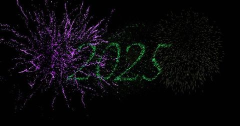 2025 numerals forming from green particles with purple burst and gold sparks celebrating new year