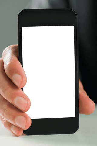 Caucasian hand holding smartphone with transparent background for copy space