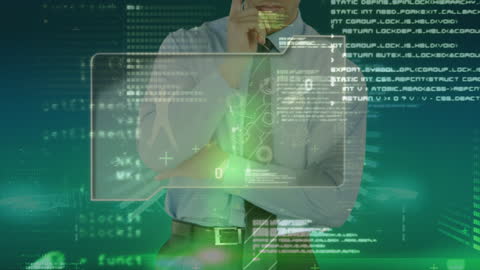 Business Professional Analyzing Innovative Digital Interface with Data Processing