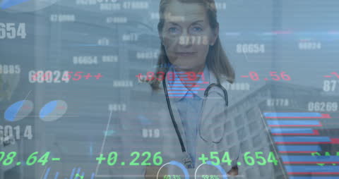 Smiling Senior Doctor with Medical Technology Graphics Overlay