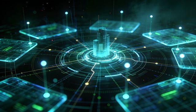 Holographic smart city network hub with neon data grid and connected control panels