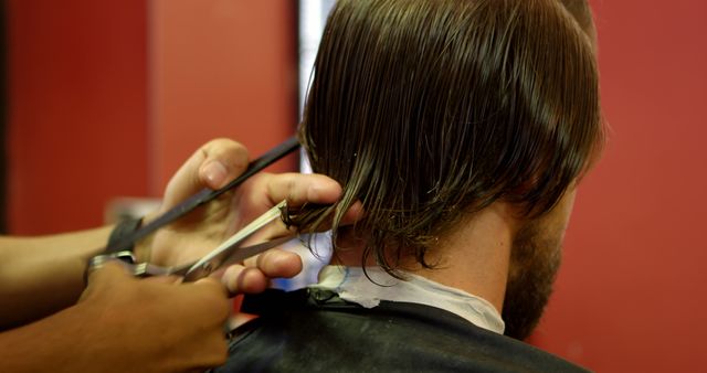 This image shows a close-up view of a barber cutting a male client's hair with scissors. The barber gently holds the hair while trimming the ends, and the client's neck is covered with a white barber cloth. Ideal for use in articles or promotions related to barbershops, hair salons, hair care services, grooming tips, and men’s styling.