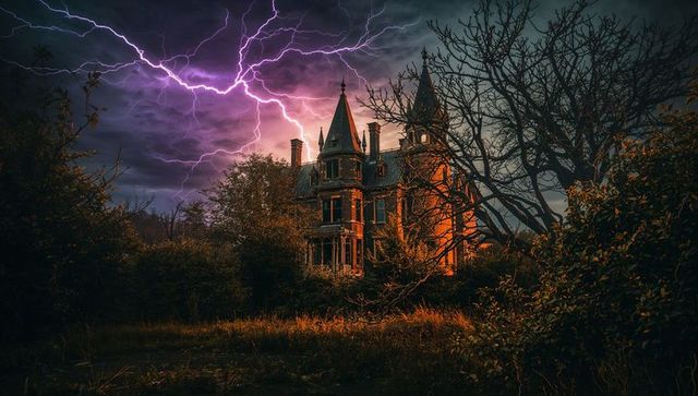 Gothic Mansion Illuminated by Striking Purple Lightning in Haunted Setting