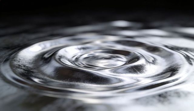 Concentric silver ripples radiating across reflective water surface with metallic gloss