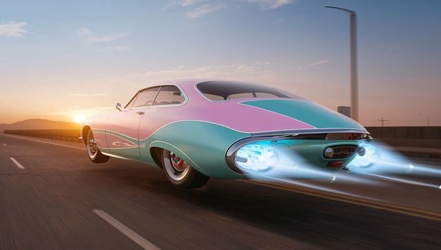 Futuristic Coupe Jetting Along Sunset Highway with Thrusters