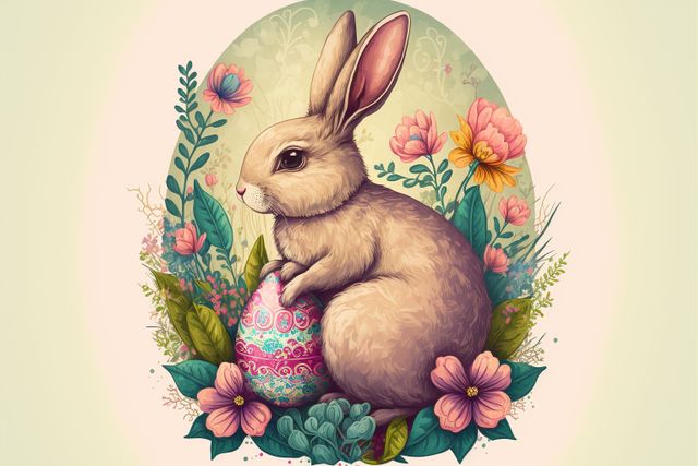 Easter rabbit with easter egg and spring flowers, created using generative ai technology. Easter and celebration concept digitally generated image.