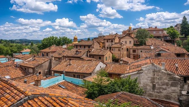 Mediterranean village roofs showing terracotta tiles, stucco facades, golden domes, hills